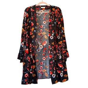 Sophie Rue Black Floral Print Open Kimono Cardigan Sz Medium Western Boho Pirate